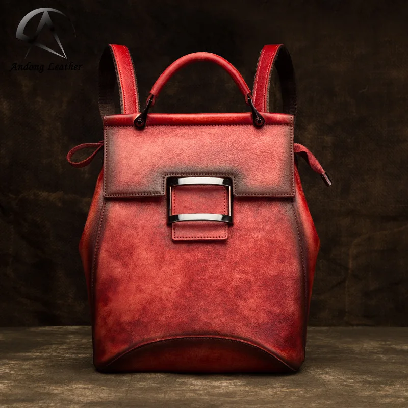 

Andong Retro Genuine Cow Leather Shoulder Bag Solid Color Backpack Handmade Cowhide Large Capacity Women Backpacks Travel Bags