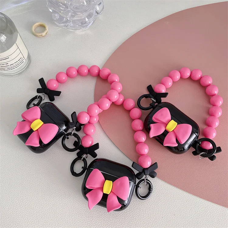 

Fashion Pink Bow Knot Design with Key Chain Soft Black Case for Airpods 1 2 3 Pro for Air pods 3 Pro