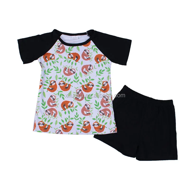 

Summer Wholesale Toddler Clothes Short Sleeve Shirt Black Short Printed Sloth Boy Outfit, Picture