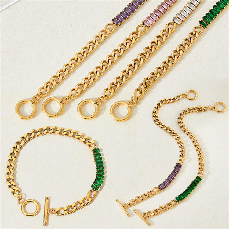 

18K Gold Stainless Steel Cuban Chain Bracelets Chunky Miami Chain Iced Out Zircon Bracelet For Women