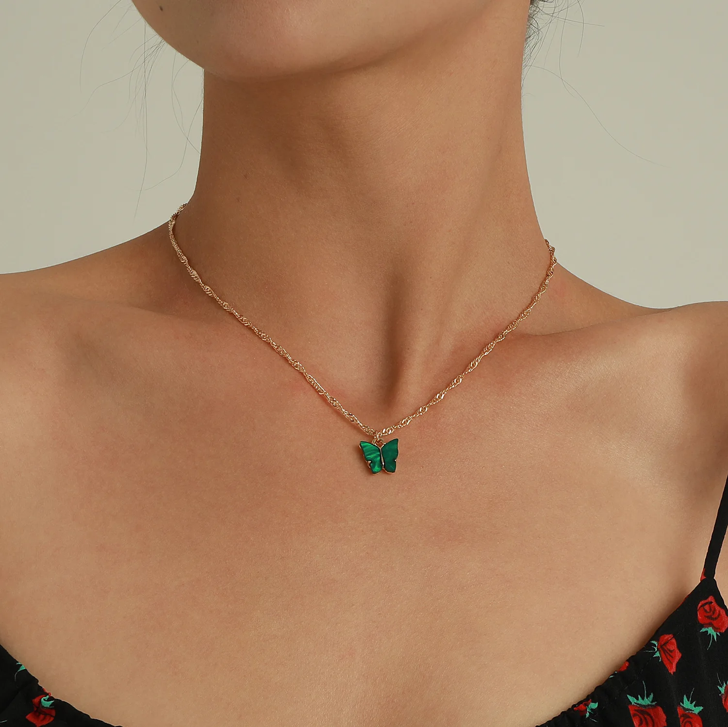 

Fashion Trendy Colorful Gold Plated Women Initial Acrylic Butterfly Pendant Necklace For Women