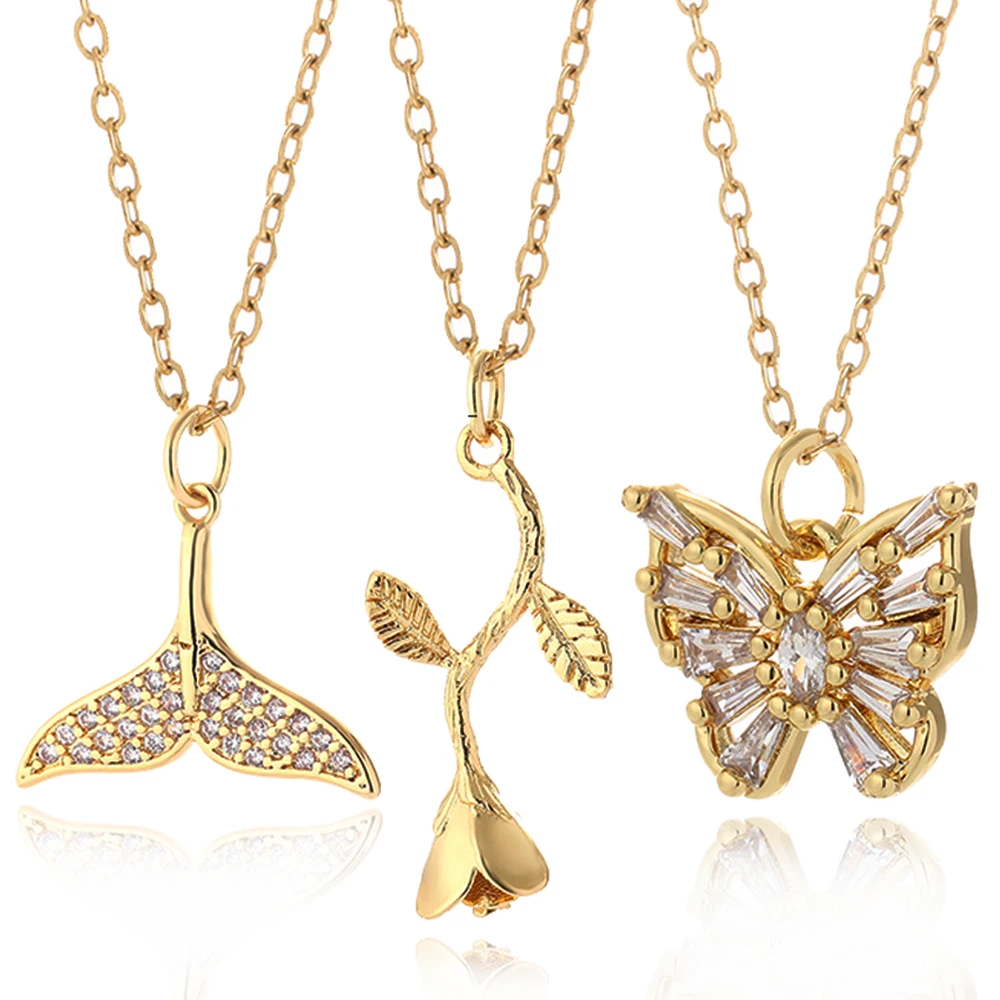 

Zircon Lotus Butterfly Whale Tail Rose Flower Necklace Jewelry 18k Pvd Gold Plated Stainless Steel Chain Necklaces Wholesale