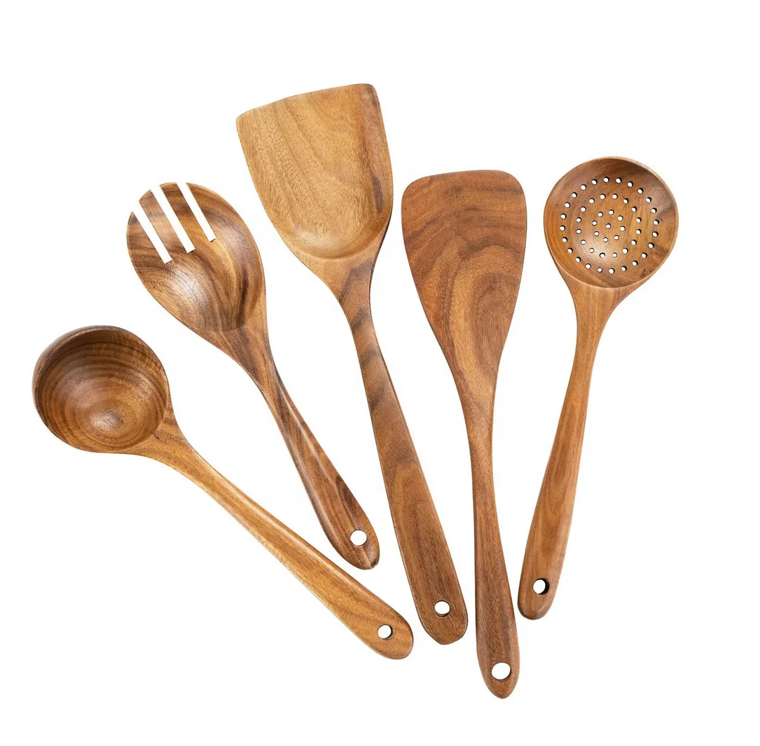 

5 Pieces High Quality Natural Teak Wood Utensils Set for Kitchen, Wood Cooking Spoons Tools Nonstick Cookware