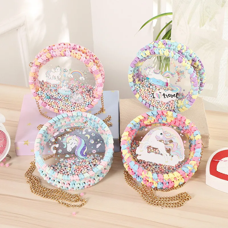 

Mgirlshe Fashion Transparent Handmade Woven Acrylic Bag Unicorn Summer Outdoor Travel Messenger Small Round Bag for Women Girls