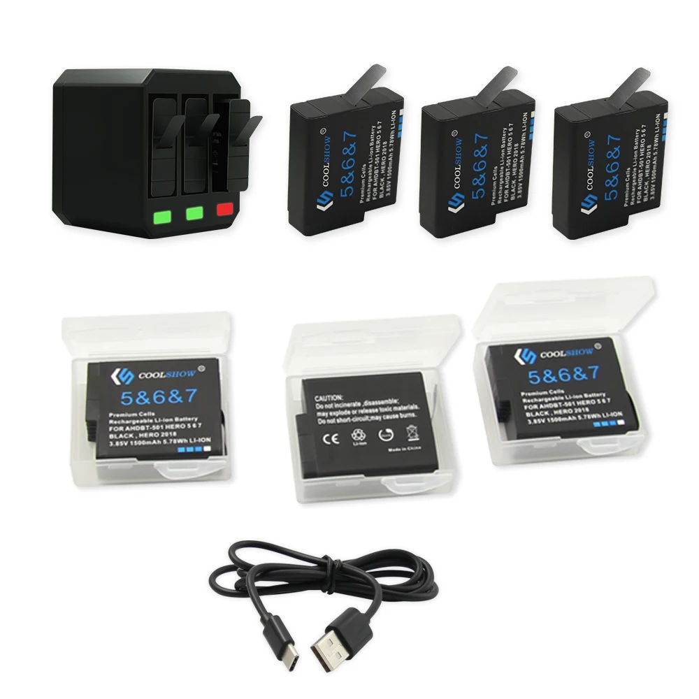 Batteries + Chargeur Triple Pour GoPro Hero 5/6/7 Black - 3 Batteries 1680 MAh - Charge Rapide Via USB-C - Indicateurs LED