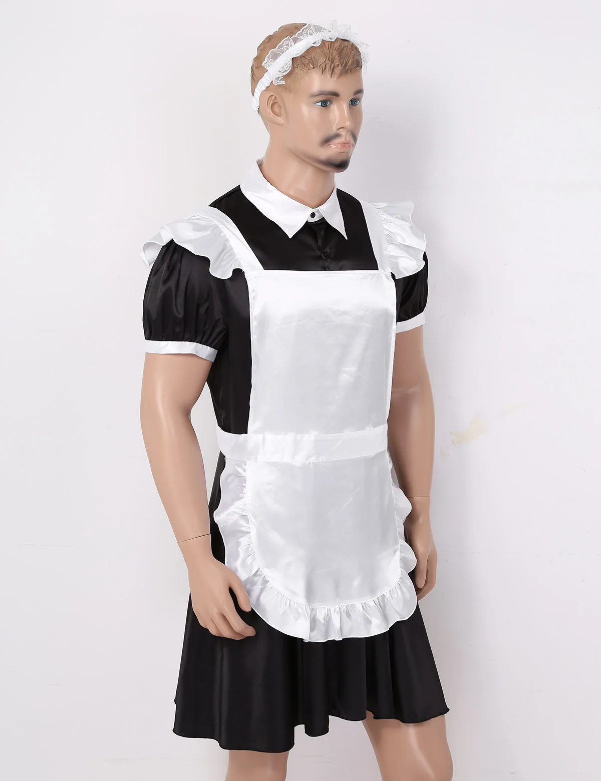 3Pcs YOOJIA Mens Sissy French Maid Lingerie Role Play Costume Doll Neck Short Sleeve Satin Dress with Headband and Apron Set 