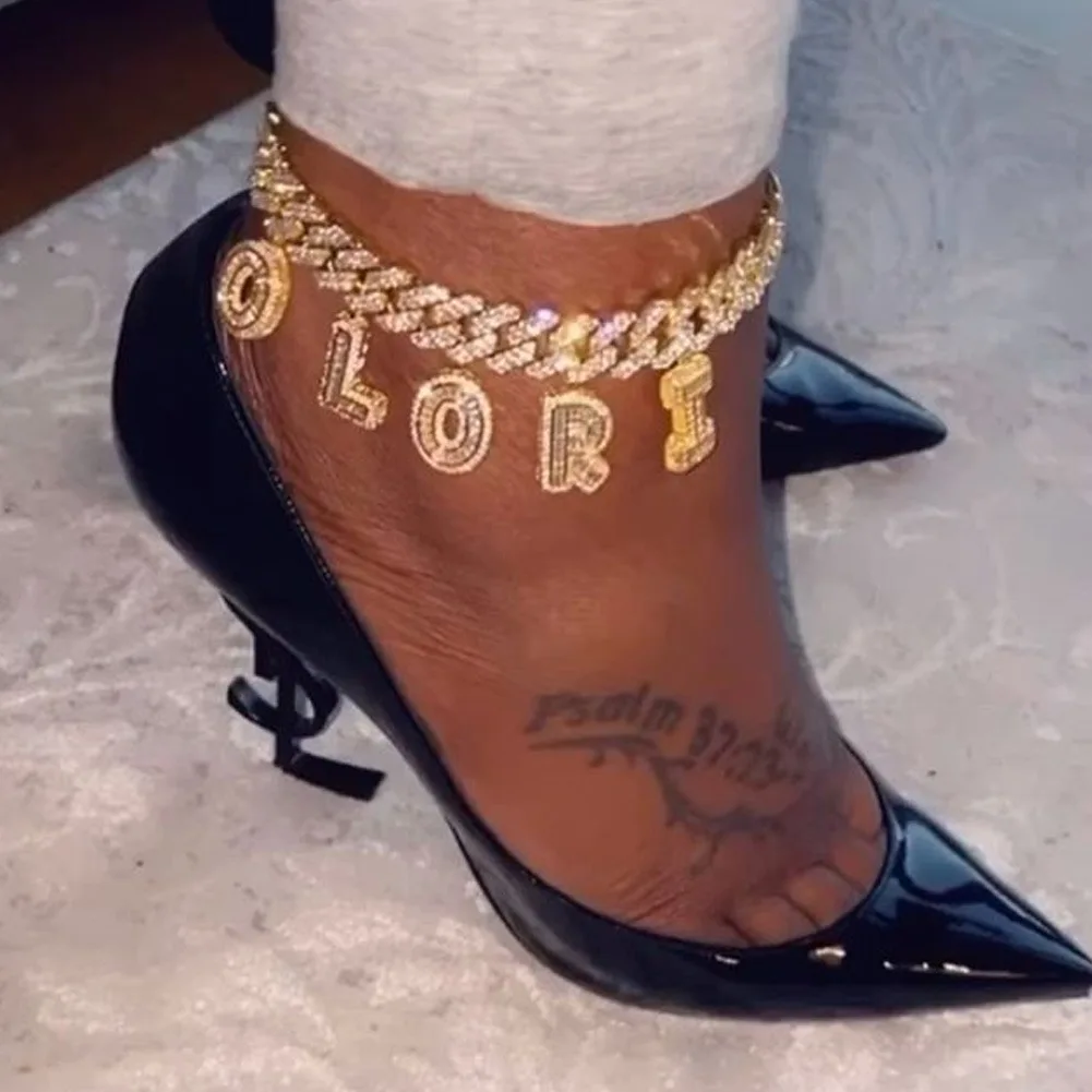 

Custom Jewelry Hip Hop Letter Cuban Anklet Women Rhinestone Diamond Chain Alphabet Cuban Link Anklets, Gold ,sliver