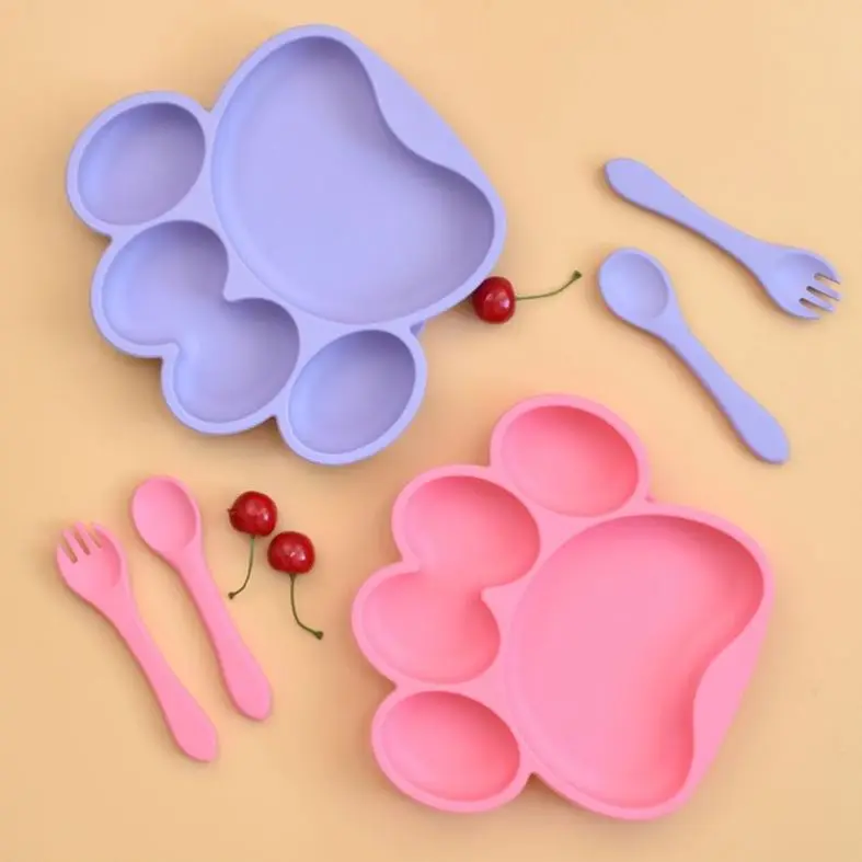 

Hot Sales Amazon Silicone Suction Toddler Baby Self Feeding Bowl Spoon Fork Children Kids Dinnerware Set