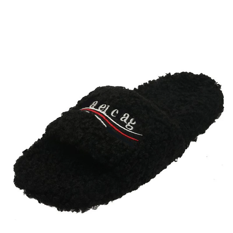 

Women Platform Slippers Furry Slide with embroidery, White/black