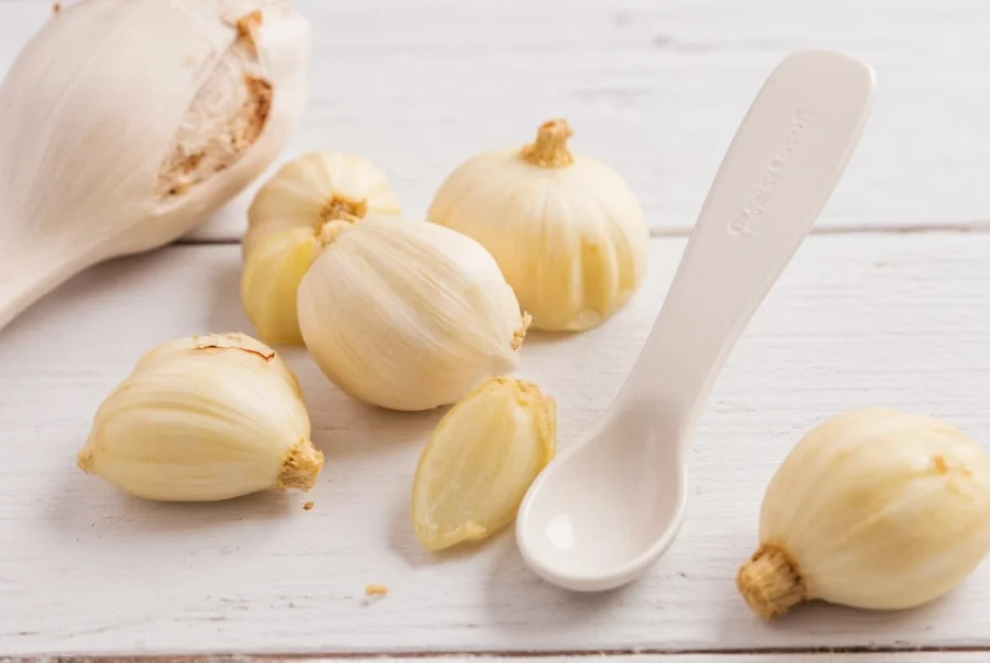 Chef's hand measuring minced garlic in teaspoon against fresh garlic cloves