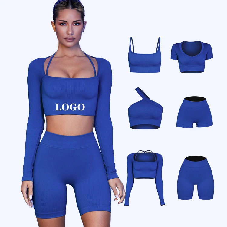 

2022 Workout Set 6 PCS Custom Logo Ribbed Sports Bra Top Women Fitness Gym Activewear High Waist Running Shorts Yoga Wear Set