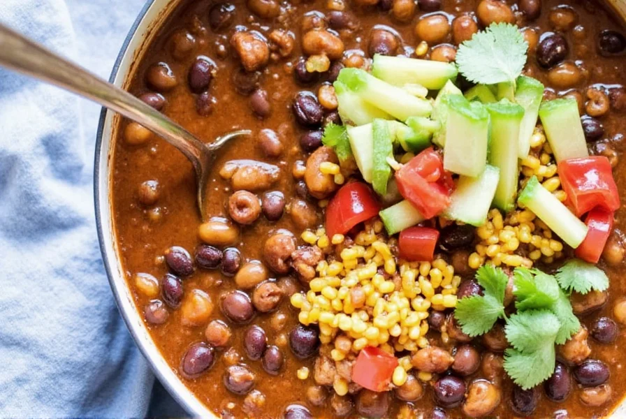 Serving presentation of freezer-friendly turkey and black bean chili with various toppings