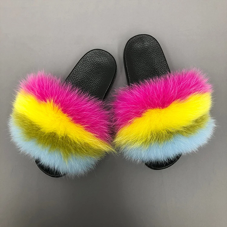 

Custom 2021 new women ladies cute fur pom pom slippers summer soft fluffy real fox fur slippers, Customized color