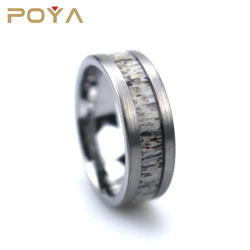 

8mm Classic Matte Finished Flat Edge No Plating Silver Deer Antler Tungsten Carbide Ring