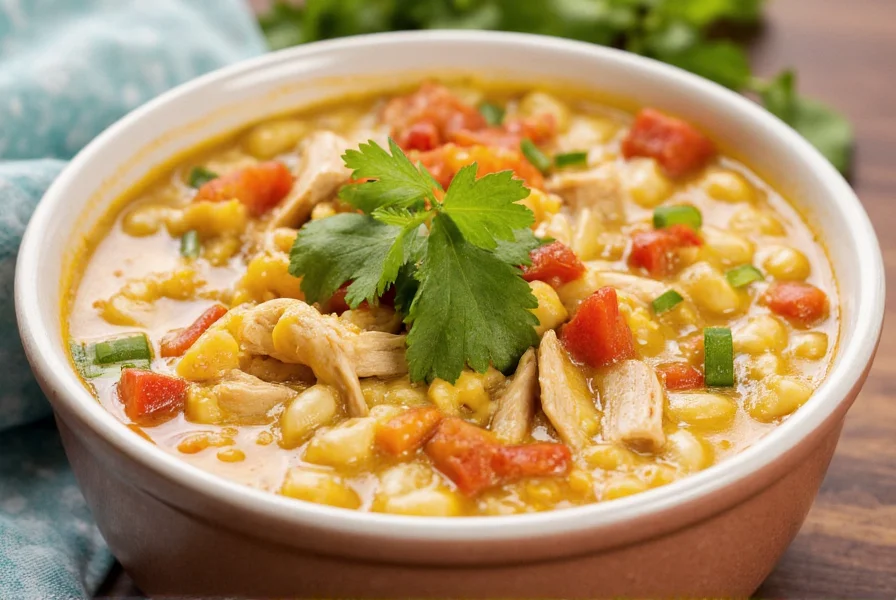 Colorful presentation of white chicken chili in a bowl with fresh garnishes