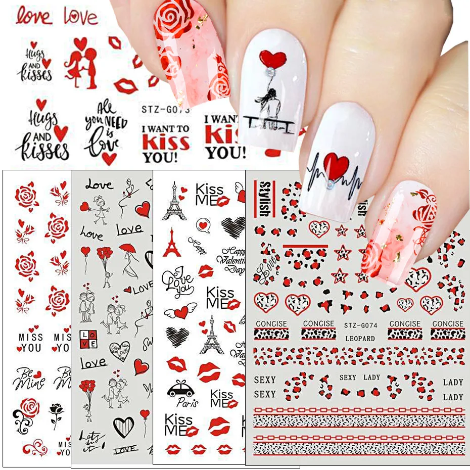 

Lady 3D Red Valentine Theme Nail Decals Lover Stencil Cupid Tattoo Heart Kiss Rose Red Lips Self -Adhesive Nail Art Stickers, Mixed colors