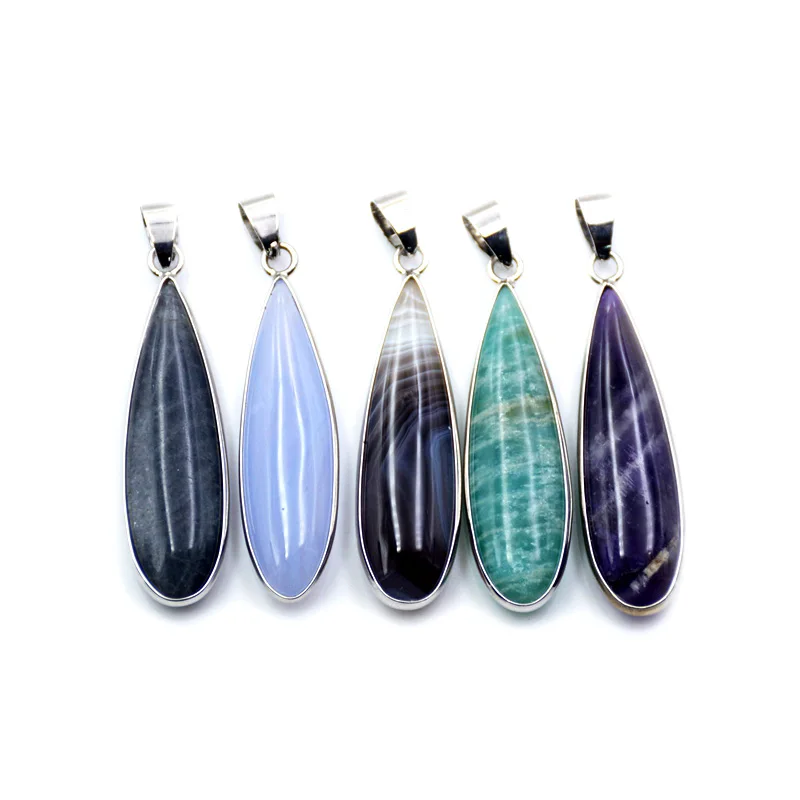 

Natural stone tear long drop pendant bezel setting fashion silver pendant charms crystal amazonite gemstone jewelry for design, Multi