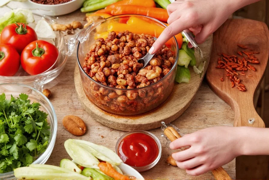 Nutritionist measuring ingredients for low calorie chili recipe with fresh vegetables and lean protein sources