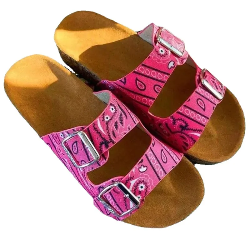 

2021 large size women's shoes summer European and American flat bottom slippers leisure belt buckle printed ladies flip flops, Picture