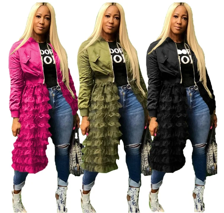 

New European And American Fashion Zipper Solid Color Jacket Mesh Lace Skirt Coat, Customized color