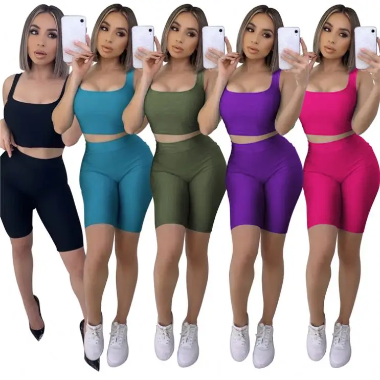 

MOEN Spaghetti Strap ensembles de femmes Solid Color Jogger Set Women Sleeveless Crop Top Two Piece Short Set