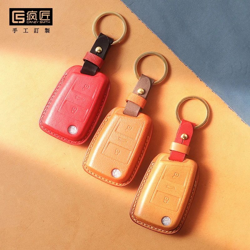 

2021 NEW High Grade Craft Gift Genuine Leather Smart Car Key Case Cover Handmade for Volkswagen Teramont\Tiguan\Golf\Scirocco, 17 color available