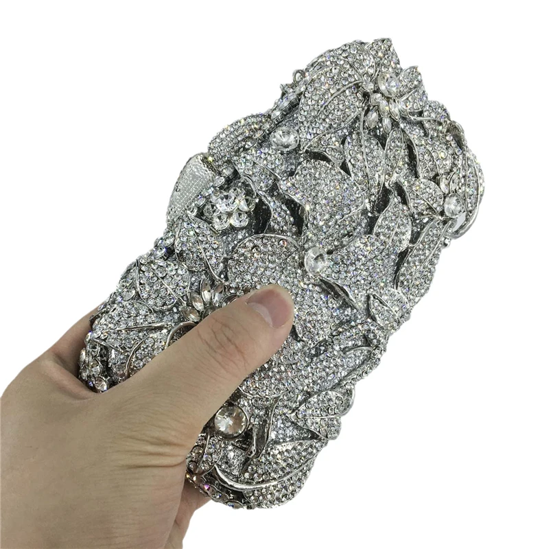 

Women Silver Evening Purses and Handbags Wedding Party Dinner Crystal Flower Clutch Bags Minaudiere Bag, As pictures