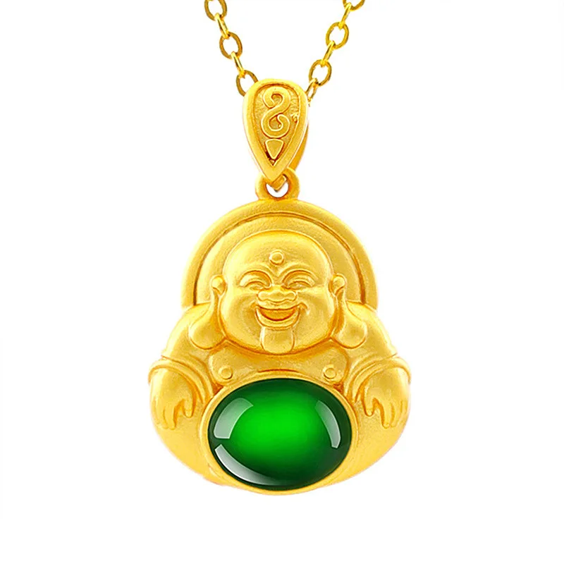 

Hot sale 24k Gold Laughing Buddha Pendant Necklace Inlaid White Green Natural Jade Buddha Pendant