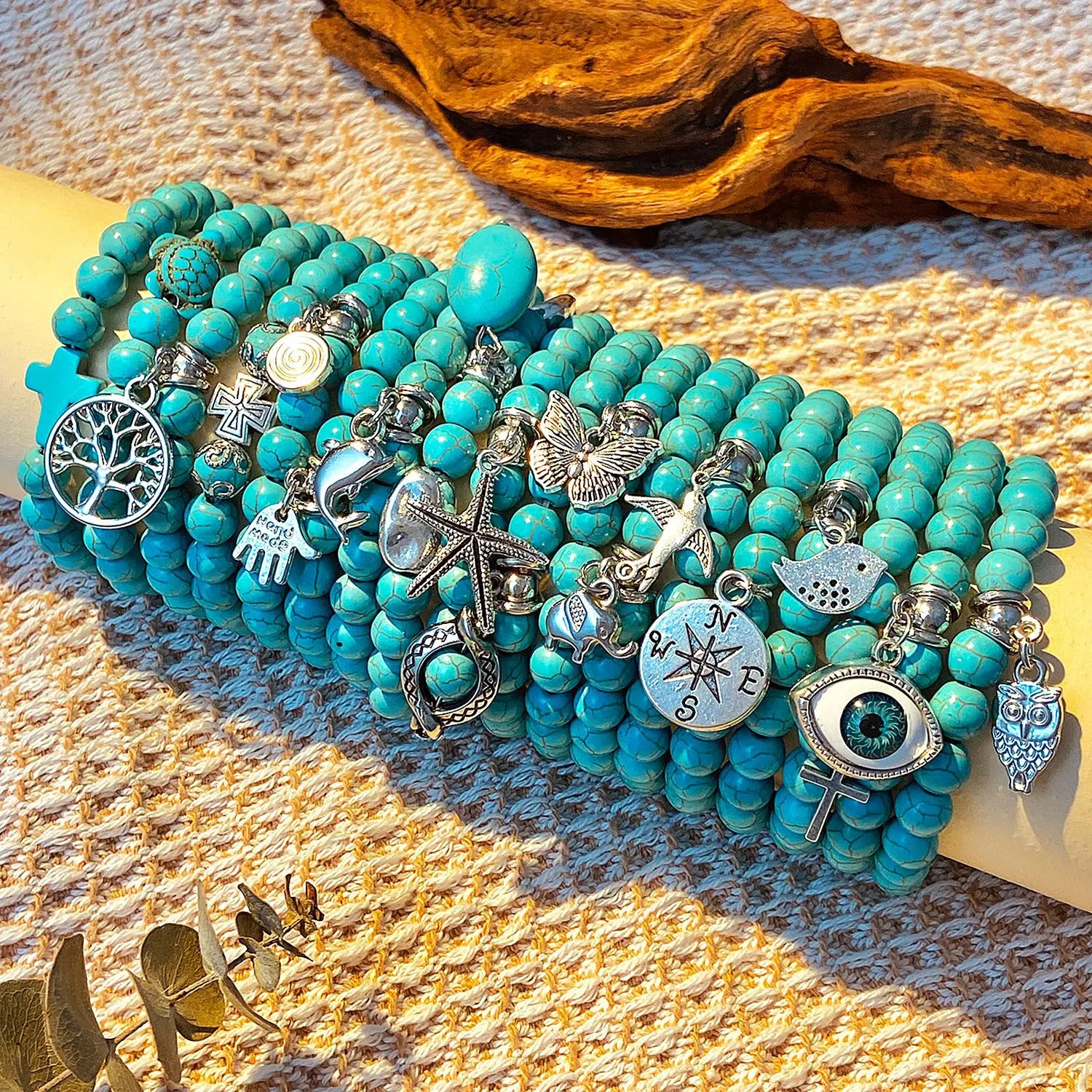 

Wholesale Custom Elastic String Turtle Boho Natural Stone Beads Cross Turquoise Bracelet