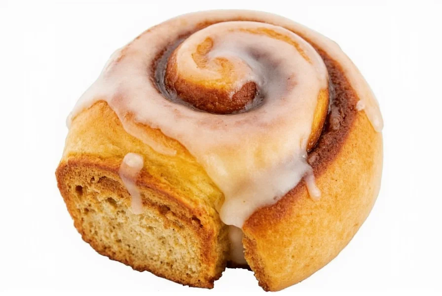 Close-up photography of a freshly baked cinnamon roll with visible swirls of cinnamon sugar and cream cheese frosting on a white plate