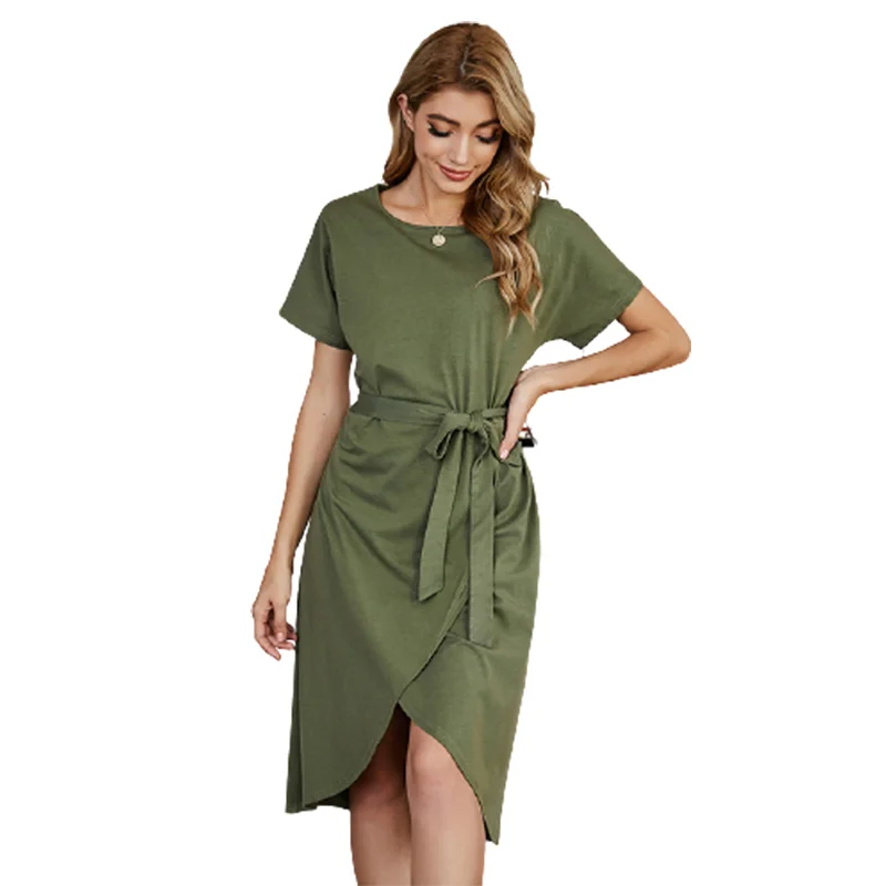 

High Quality Casual O Neck Long Sleeve Olive Tulip Faux Wrap Sash Tie Slit Jersey green boho dress, Army green