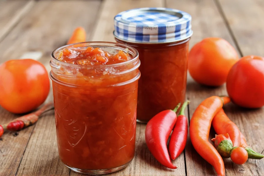 Homemade pepper jam in mason jars with various pepper types arranged around them