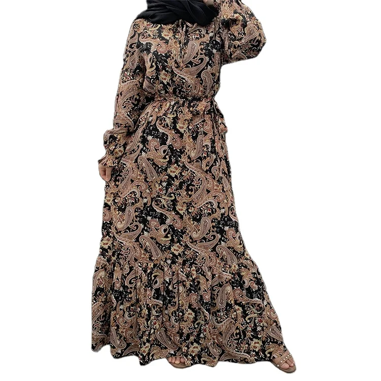 

2021 new muslim fashion printed casual long skirt with big hem strap Dubai Turkish dress abaya, Customers' requirements