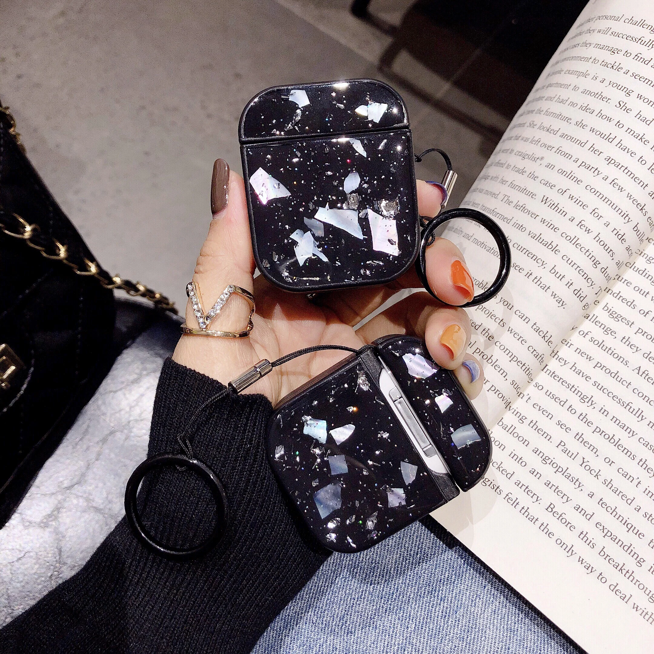 

Black shiny marble conch shell cases for apple air pods 2 3 pro airpod cover with keyring for earpod headphones