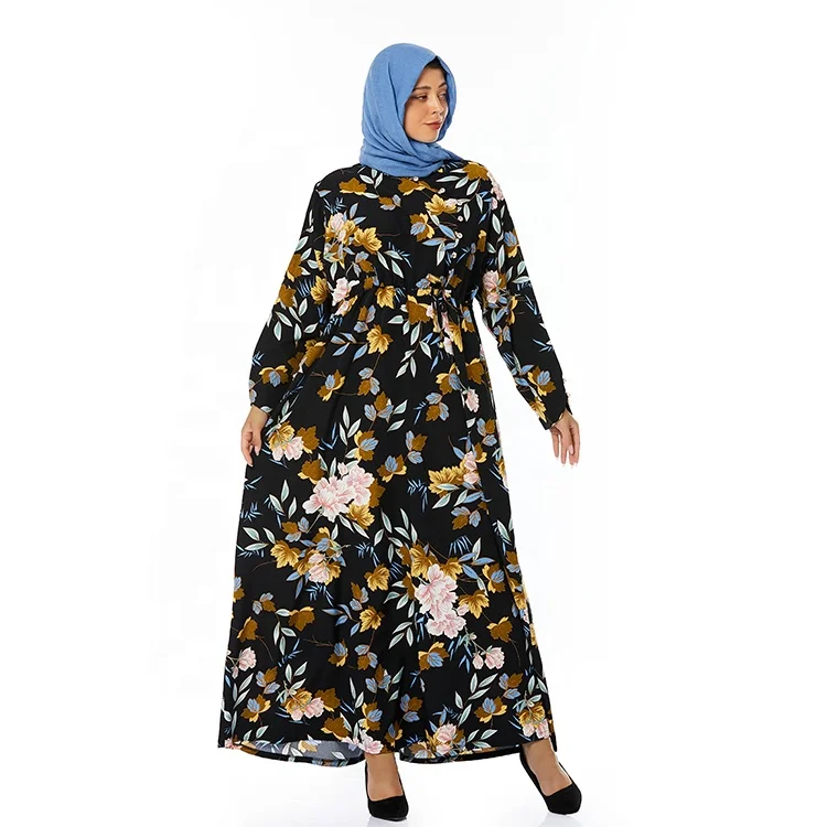 

Flowers lady dress Elegant Muslim Long Sleeve Abaya High Quality Lady Fashion Muslim Dress Print for summer Somalia lady size