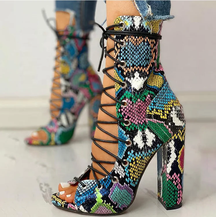 

Fashion Design Lace up Summer Women Ankle Boots Snakeskin Chunky High Heel Women Sandals Open Peep Toe Party Women's Shoes