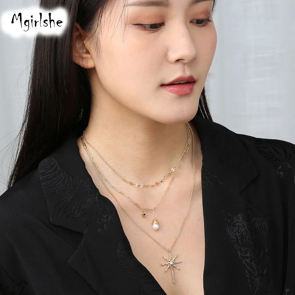 

Mgirlshe 2021 New Designs Ins Popular Gold Multilayered Hexagram Star Statement Handmade Rehinstone Shining Pedant Pearl Chains