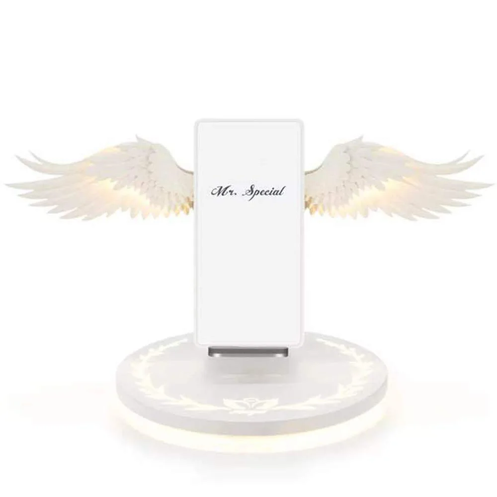 2019 Free Sample 10W Fast Charging 5V2A Angel Wings Mobile Phone Qi Wireless Charger With LED Light