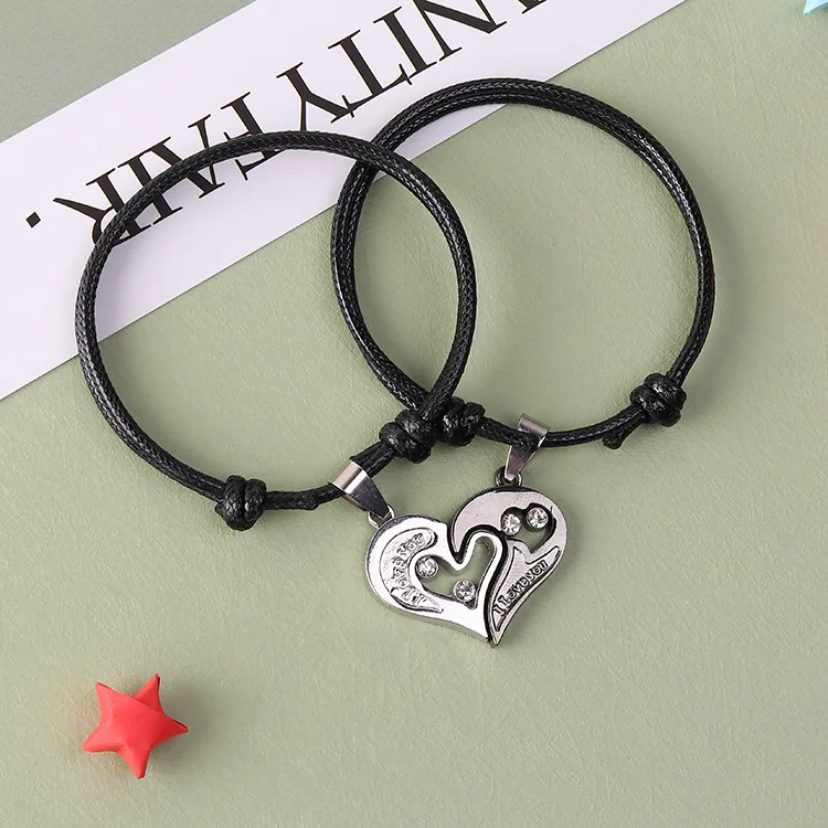 

Custom Handmade Black Wax Rope  Heart Lock And Key 2pcs/set Couple Bracelet, As pictures