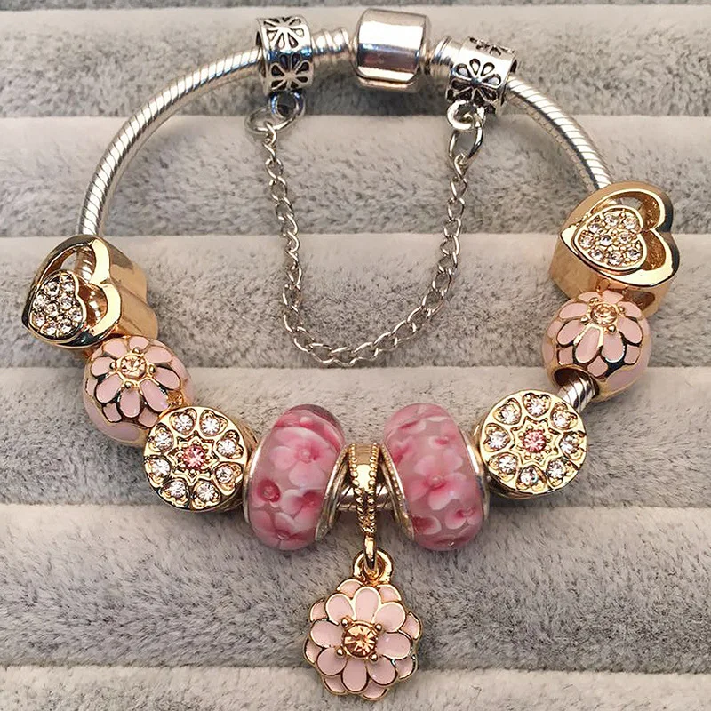 

New Trending Jewelry Handmade Pink Flower Ball Bracelet Bangles Glass Bead Crystal Love Heart Charm Bracelet