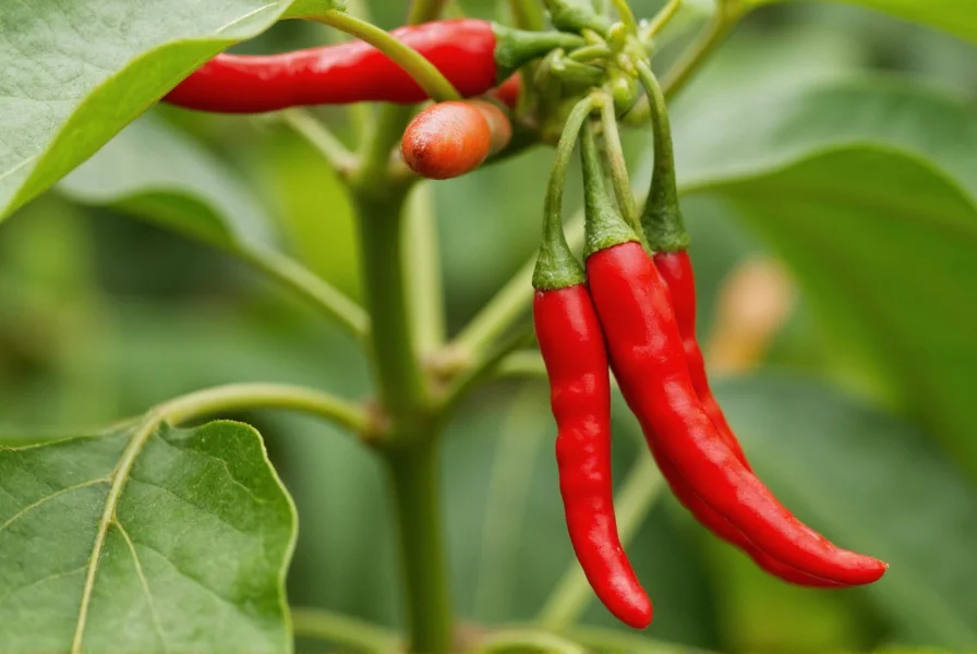 Close-up view of cayenne peppers on plant showing slender red pods