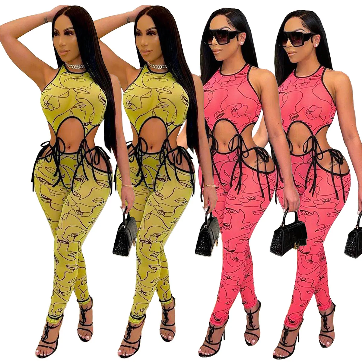 

Summer 2021 Clothing Women Drop Shipping Jumpsuit Sexy Outfits Hollow Rompers Pattern Printing Rompers Set
