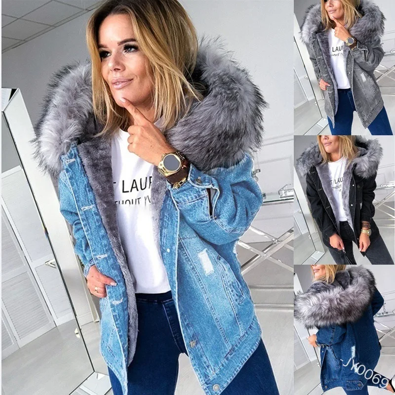 

chaquetas denim plus size women's cotton clothes women long woolen coat jean jacket with fur, As pictures