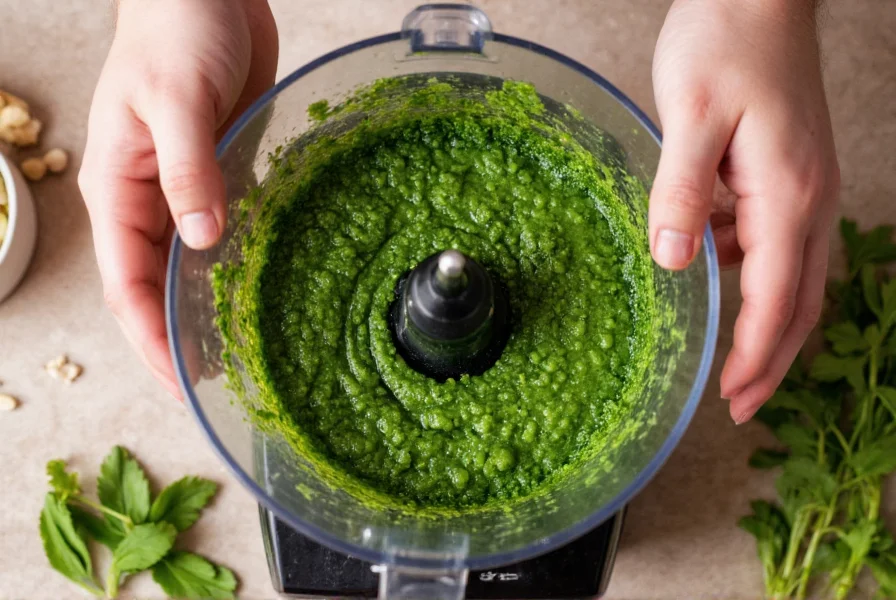 Chef's hands preparing fresh parsley pesto with garlic, pine nuts, and olive oil in food processor