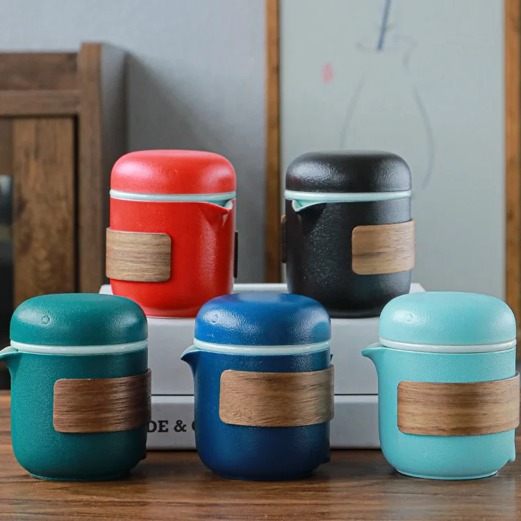 

Portable travel tea set set ceramic one pot three cup set customizable logo, Red/black/blue/light blue/green