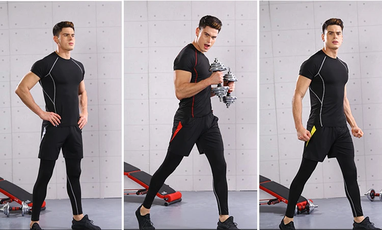 Men's Sports Apparel Skin Tights Running Gym Compression Base T-shirt Shorts Set 