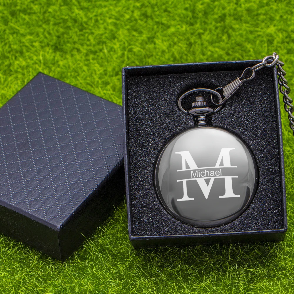 
Engraving LOGO Pocket Watch Retro Black Charm Custom Quartz Pocket Watch Man Necklace Pendant with Chain Gifts Box for Dad 
