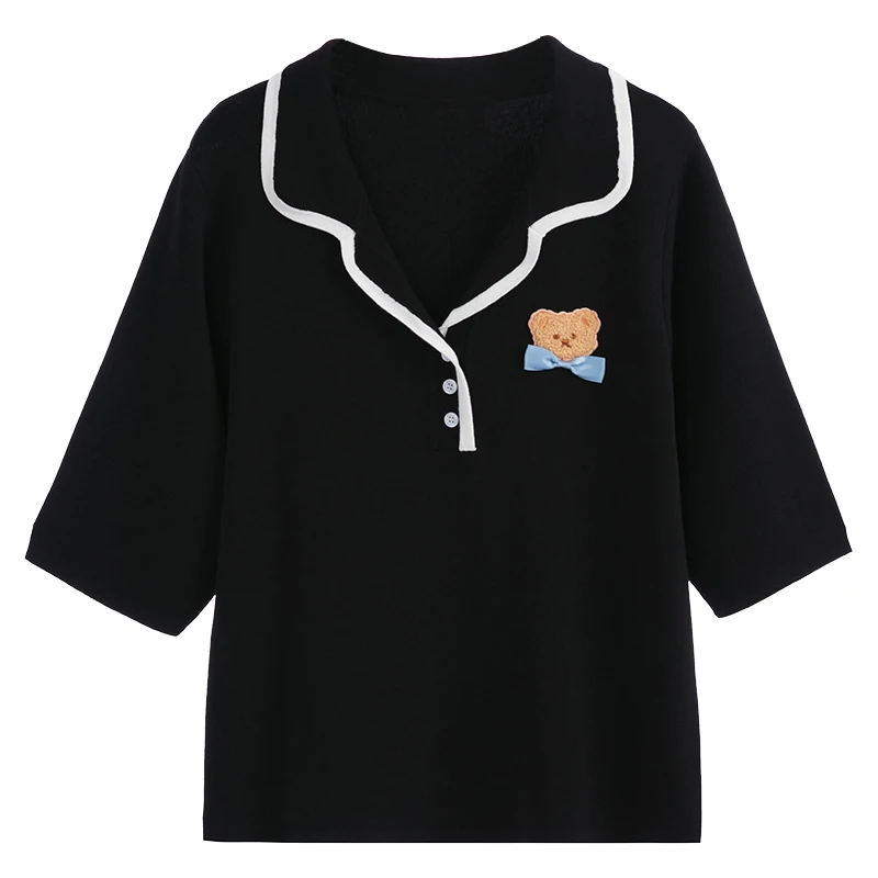 

Contrasting Color V-Neck Short-Sleeved Blouse For Fat Women Loose Casual Embroidered Plus Size Women'S Sweater