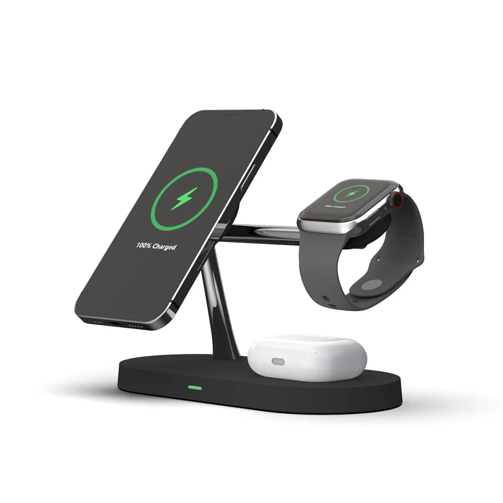 

5in 1 black 15W quick charging station Qi mobile phone magnet wireless charger 12 watch headset LED light, Black, white