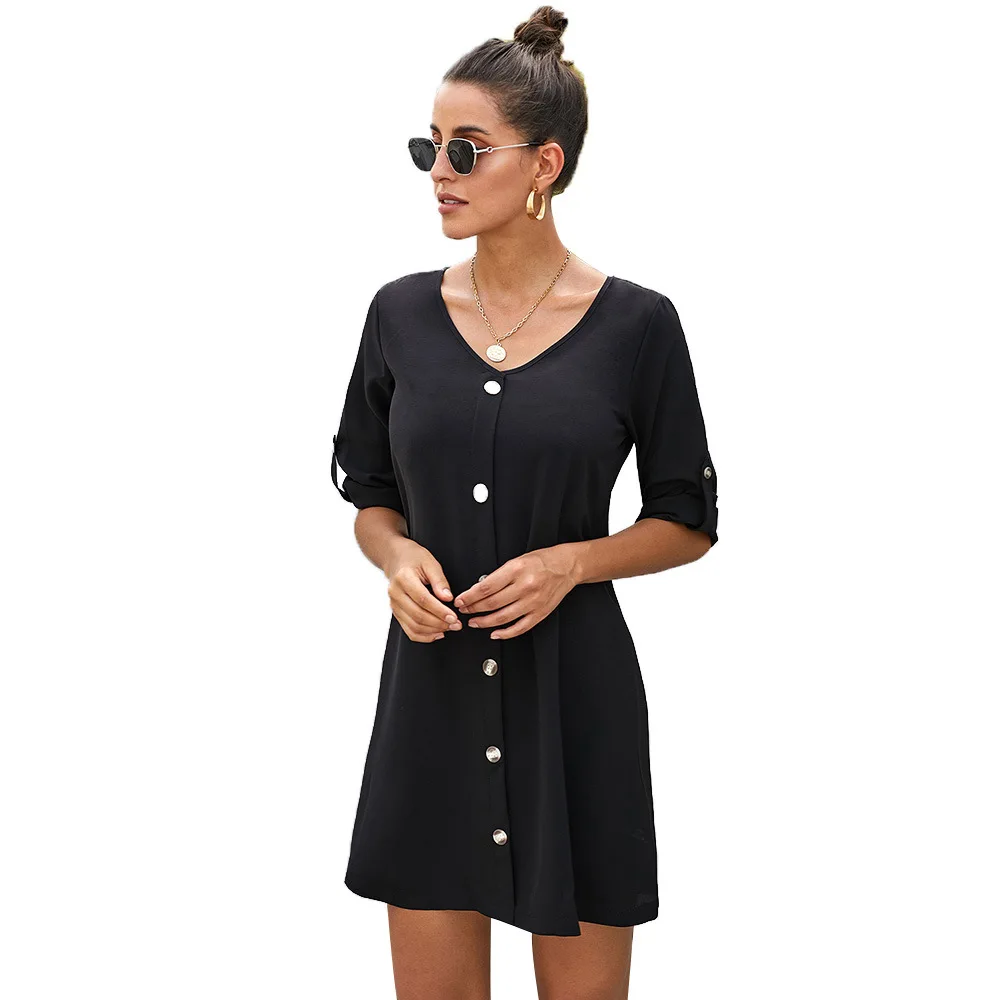 

Solid color single-breasted dress female spring high-waisted A-line skirt five-point sleeves V-neck short women's clothing, Picture